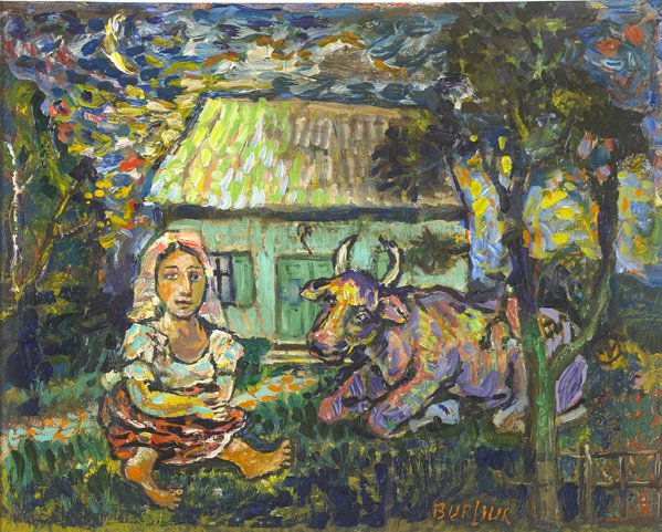 David Davidovich Burliuk (Ukraine/American, 1882-1: David Davidovich Burliuk (Ukrainian/American, 1882-1967) Untitled (Woman and Cow); Oil on canvasboard (framed); Signed; 12 3/8'' x 15 1/2'' (sight); Provenance: Private Collection, New Jersey