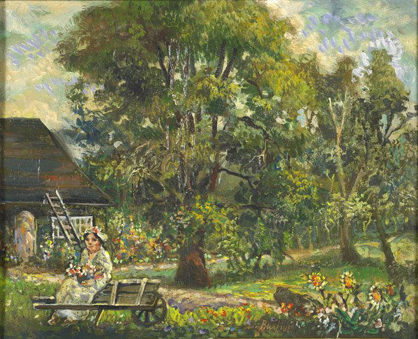 David Davidovich Burliuk (Ukraine/American, 1882-1: David Davidovich Burliuk (Ukrainian/American, 1882-1967) Untitled (Marussia in the Garden); Oil on canvasboard (framed); Signed; 15 3/4'' x 19 7/8''; Provenance: Private Collection, New Jersey