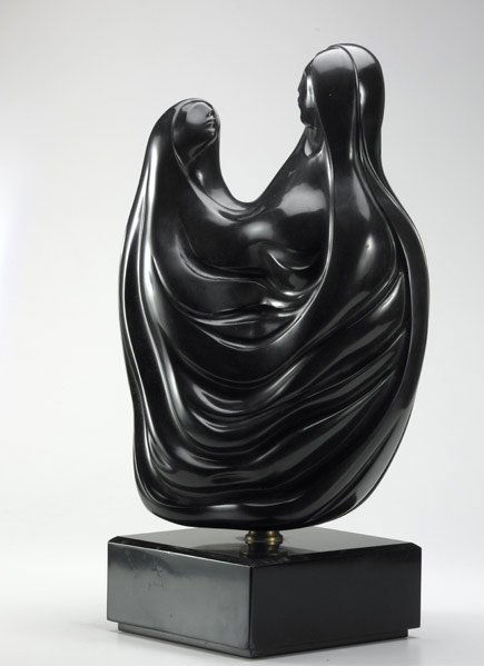 Anthony Quinn (American, 1915-2001) Mother and Chi: Anthony Quinn (American, 1915-2001) Mother and Child; Black marble; Signed; 20'' high, 24'' high (with base); Provenance: Private Collection, New York