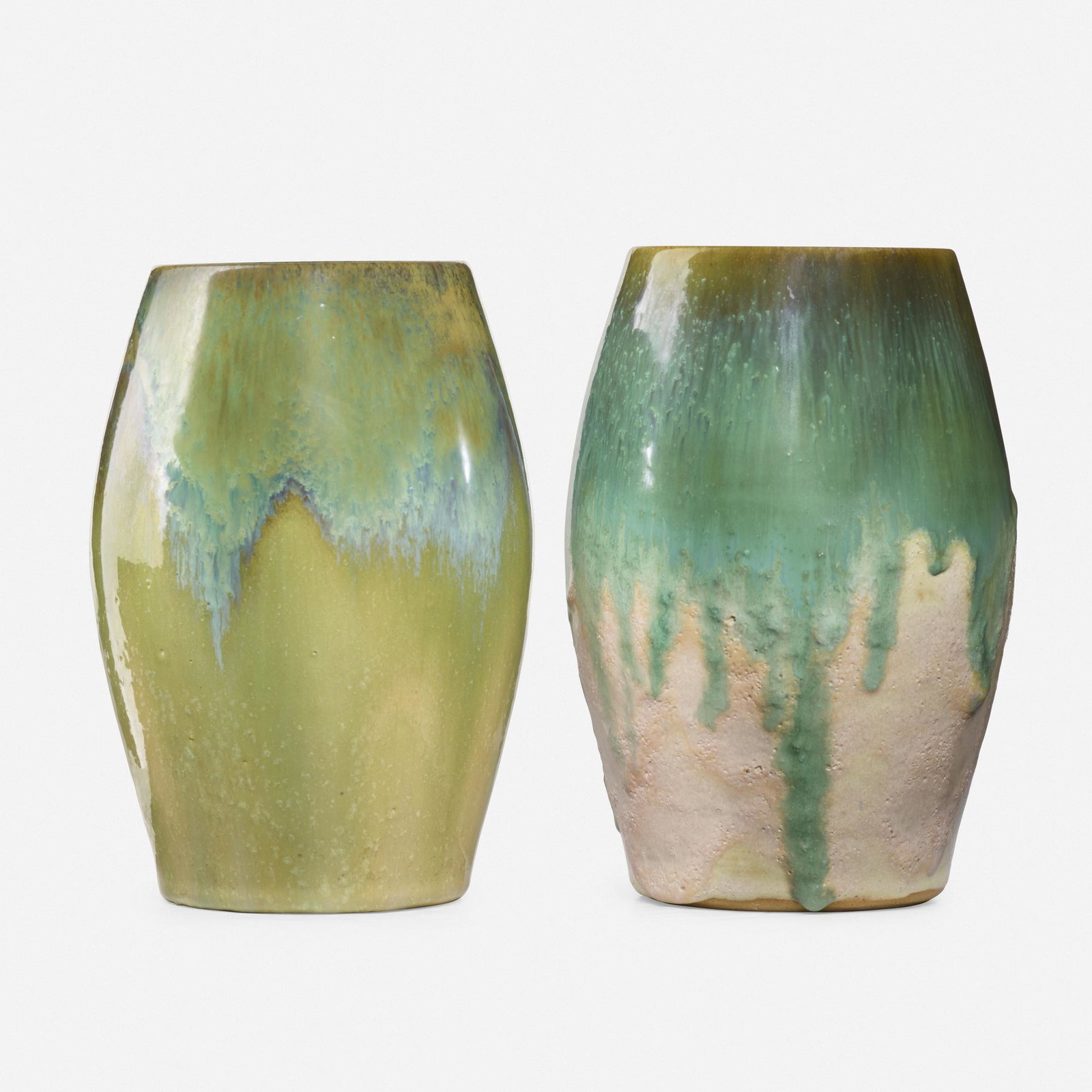 Fulper Pottery, Vasekraft vases, set of two: Fulper Pottery Vasekraft vases, set of two USA, c. 1913-17 glazed earthenware each approx.: 8 h × 5.5 dia in (20 × 14 cm) Ink-stamped rectangular manufacturer's mark to underside of