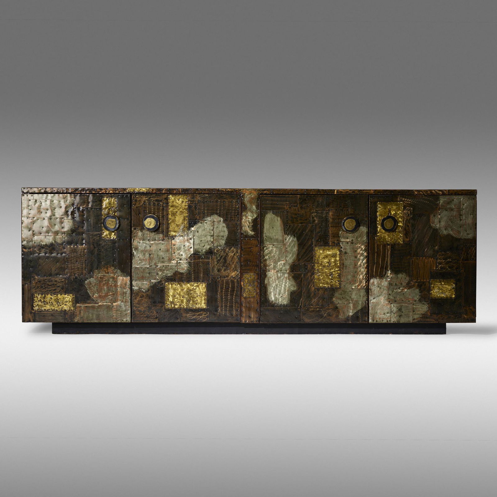 Paul Evans, Patchwork cabinet: Paul Evans Patchwork cabinet Paul Evans Studio for DirectionalUSA, c. 1970welded and patinated copper and brass, aluminum, enameled steel, slate 31.5 h × 96 w × 31 d in (80 ×