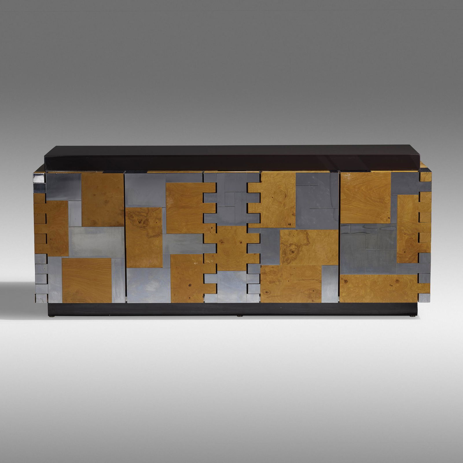 Paul Evans, Cityscape cabinet from the PE 400 series: Paul Evans Cityscape cabinet from the PE 400 series Paul Evans Studio for DirectionalUSA, c. 1975chrome-plated steel, maple burl, lacquered fiberglass 32 h × 76.5 w × 21.25 d in (81