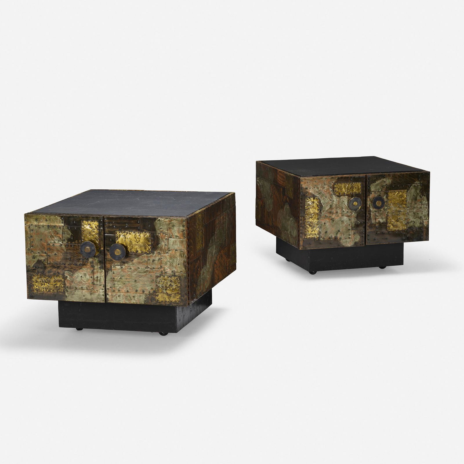 Paul Evans, Patchwork nightstands, pair: Paul Evans Patchwork nightstands, pair Paul Evans Studio for DirectionalUSA, c. 1970welded and patinated copper and brass, aluminum, enameled steel, slate 22.75 h × 29.75 w × 31.5 d