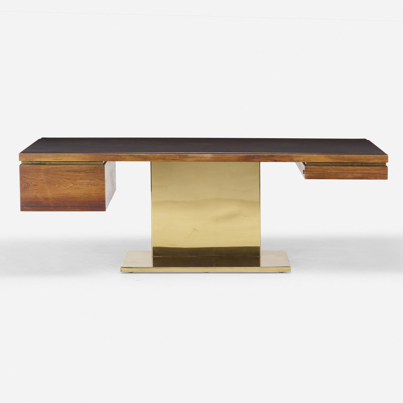 Warren Platner, Executive desk: Warren Platner Executive desk Lehigh LeopoldUSA, c. 1965polished brass, walnut, leather 30.5 h × 84 w × 40 d in (77 × 213 × 102 cm) Desk features two drawers, one