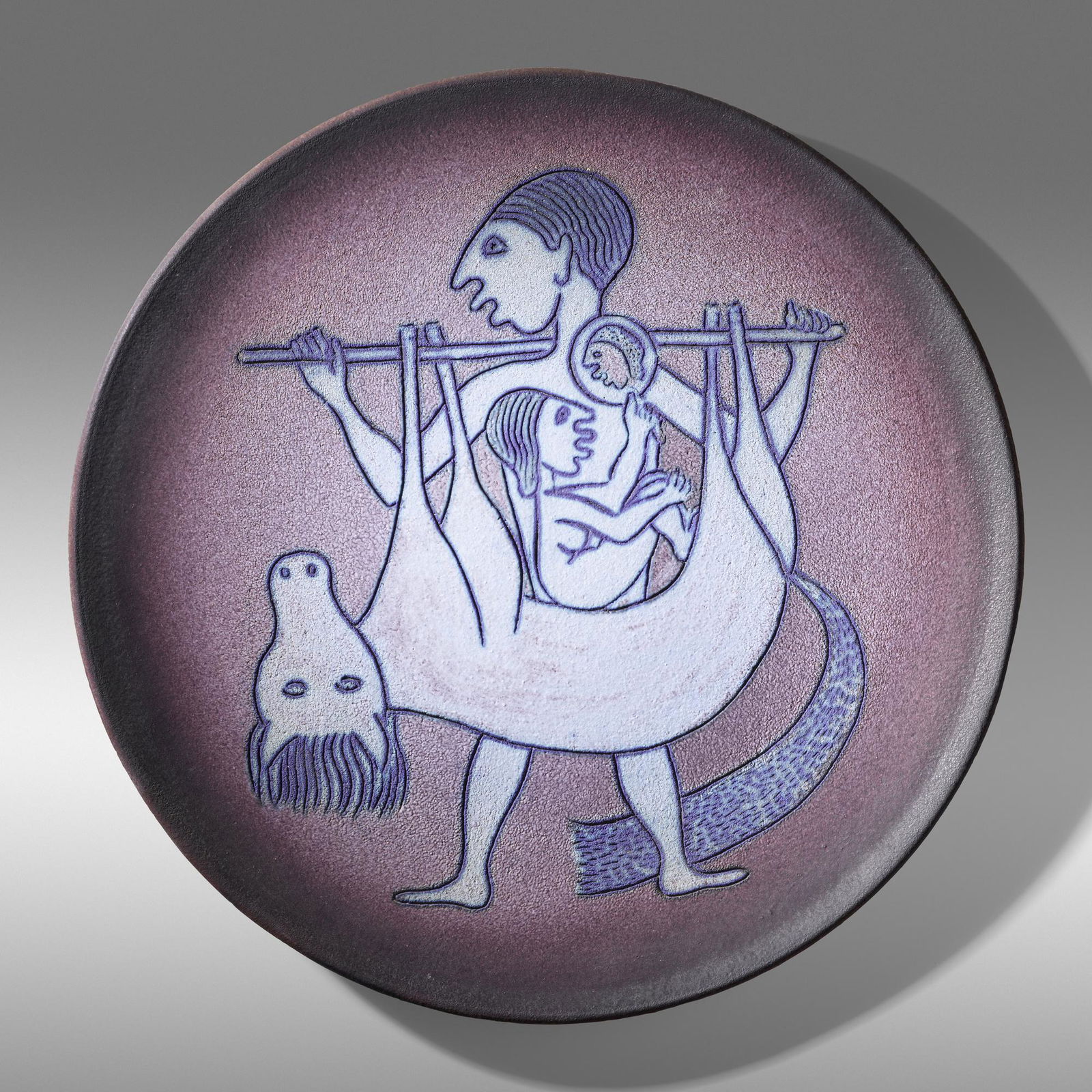 Edwin and Mary Scheier, Wall-hanging charger: Edwin and Mary Scheier Wall-hanging charger USA, 1991glazed stoneware with sgraffito decoration 1 d × 16.25 dia in (3 × 41 cm) Incised signature and date to underside '91 Scheier'.