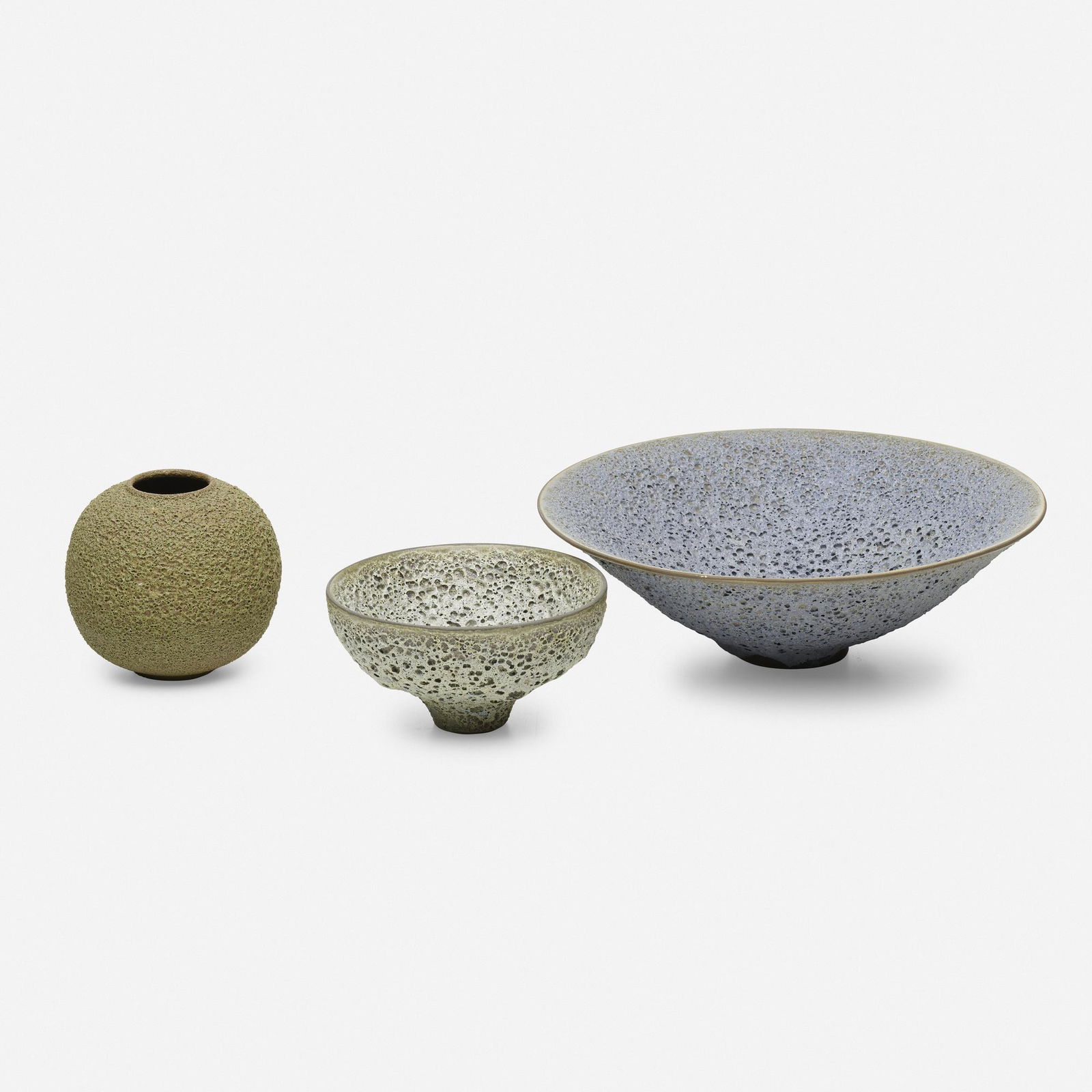James Lovera, Collection of three vessels: James Lovera Collection of three vessels USA, c. 1975volcanic glazed earthenware 4 h × 4.25 dia in (10 × 11 cm) 3.25 h × 10.25 dia in (8 × 26 cm) 3 h × 5.5 dia in