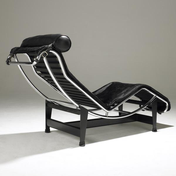 LE CORBUSIER; CASSINA: LE CORBUSIER; CASSINA; Chromed and enameled steel chaise lounge with cowhide upholstery; Cassina mark; Shown: 34'' x 65'' x 22''