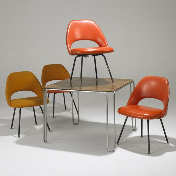 MARCEL BREUER; EERO SAARINEN: MARCEL BREUER; EERO SAARINEN; Breuer dining table together with four Saarinen chairs; Table: 28'' x 36'' sq.