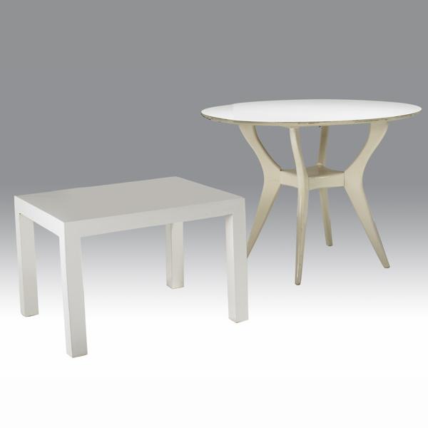 MILO BAUGHMAN: MILO BAUGHMAN; Side table and Italian laminate dinette table; Table 30'' diam.