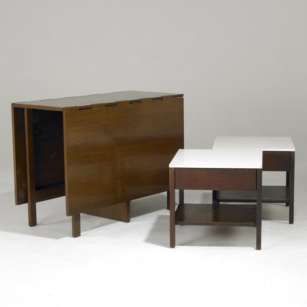 GEORGE NELSON; HERMAN MILLER: GEORGE NELSON; HERMAN MILLER; Walnut gate-leg table together with Richard Schultz for Knoll walnut nightstands with laminate tops; Table: 29'' x 64'' x 40''