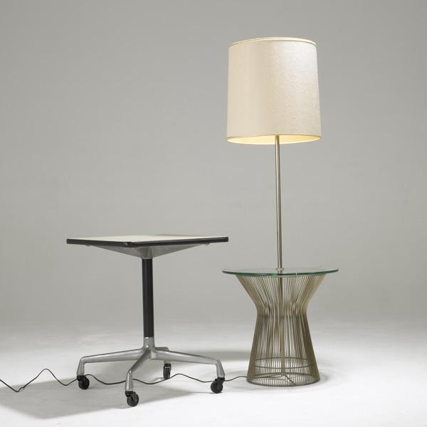 CHARLES EAMES: CHARLES EAMES; Aluminum Group side table together with Laurel lamp table; Lamp table: 58'' x 20'' x 20''