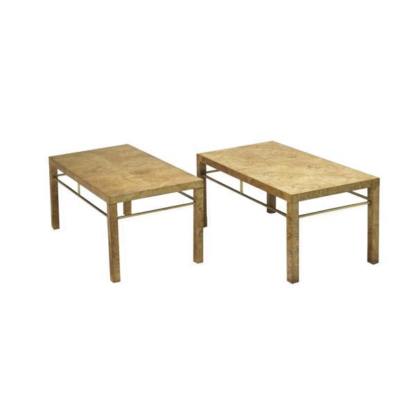 MILO BAUGHMAN; THAYER COGGIN: MILO BAUGHMAN; THAYER COGGIN; Fine pair of occasional tables in bookmatched burlwood with solid brass stretchers together with a similar dresser top mirror with two drawers; Tables: 15 1/2'' x 34'' x