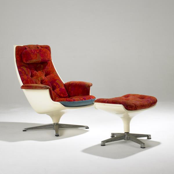 OVERMAN: OVERMAN; Lounge chair and ottoman in fiberglass with Jack Lenor Larsen upholstery; Unmarked; 36'' x 29'' x 36''