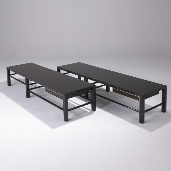 HARVEY PROBBER: HARVEY PROBBER; Pair of single-drawer mahogany benches with brass trim; 14 1/2'' x 66'' x 18''