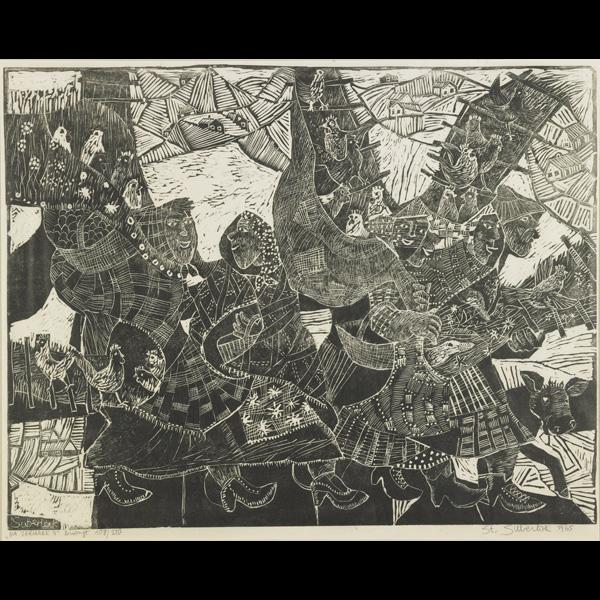 EIGHT CONTEMPORARY ARTISTS' WORKS: EIGHT CONTEMPORARY ARTISTS' WORKS; Kemble: Four-part block print on rice paper, ''Sleeping Dreams'' (framed), signed, 1976, 29'' x 84'' total; Peter Kitchell: Two-part off-set-print, ''Reindeer Nights