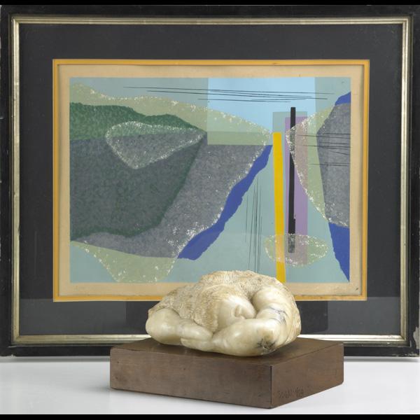 ALABASTER SCULTPURE: ALABASTER SCULTPURE; Carved stone figural head on a wooden base, together with a framed print, 20th c. ea.; 10'' x 8'' x 9'' scultpure