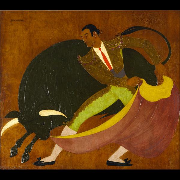 CHARLES BASKERVILLE (American, 1896-1994): CHARLES BASKERVILLE (American, 1896-1994); Oil on gesso on plywood panel, ''Matador and Bull'' (framed); 40'' x 44''