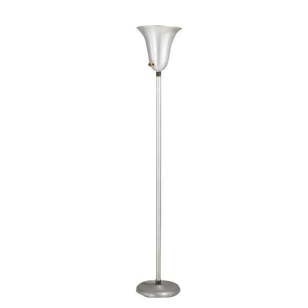 RUSSEL WRIGHT: RUSSEL WRIGHT; Spun aluminum floor lamp with brass accents and original wood switch; 64 1/2'' x 11'' dia.