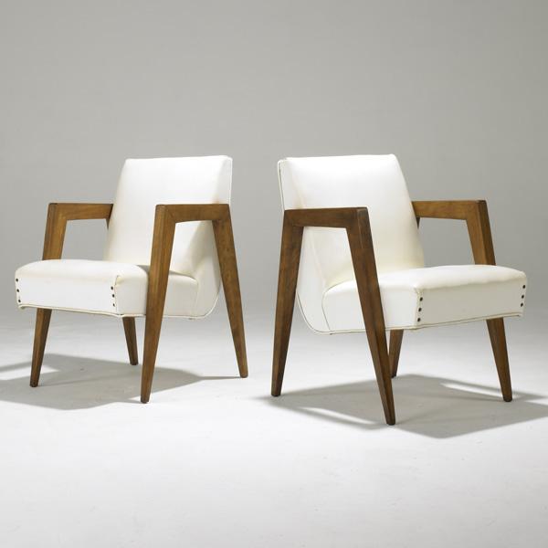RUSSEL WRIGHT (Attr.): RUSSEL WRIGHT (Attr.); Pair of solid birchwood lounge chairs with original vinyl upholstery; 31'' x 22'' x 27''