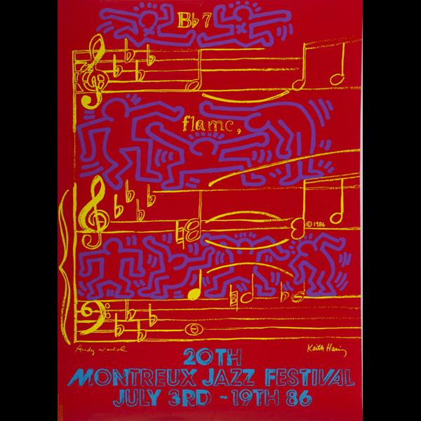 KEITH HARING & ANDY WARHOL : KEITH HARING (American, 1958-1990) & ANDY WARHOL (American, 1928-1987); Offset lithograph in colors poster ''Montreux Jazz Festival, 1986''; 39 1/4'' x 27 3/4''