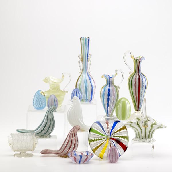 MURANO GLASS: MURANO GLASS; Sixteen pieces with caned decoration; Some with original labels; Tallest: 9''