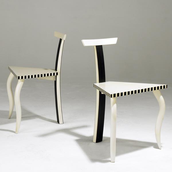 GERARD TAYLOR: GERARD TAYLOR; Pair of post-modern tripod chairs; One inscribed GT '85; 30 1/2'' x 22'' x 17''