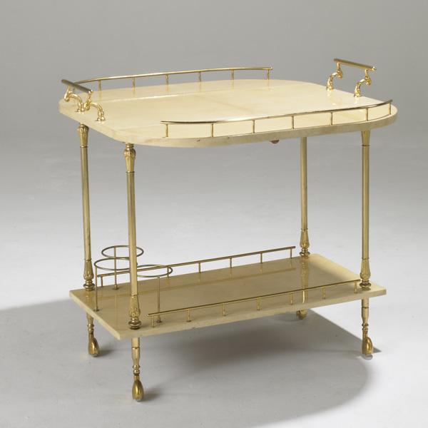 ALDO TURA: ALDO TURA; Lacquered parchment and gold plated bar cart; 30'' x 30'' x 31'' (open)