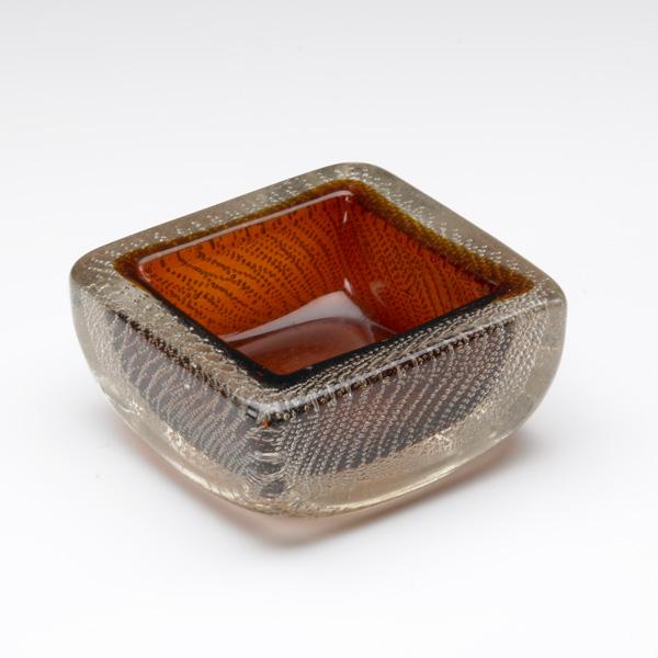 MAURICE MARINOT: MAURICE MARINOT; Art Deco bowl of amber and clear glass with controlled bubbles; Signed Marinot; 2 1/4'' x 5'' sq.