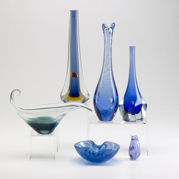 MURANO, KASTRUP, ETC.: MURANO, KASTRUP, ETC.; Six pieces include vase with Murano tag, Katrup vase with controlled bubbles and penguin marked Made in Sweden; Tallest: 12 1/2''