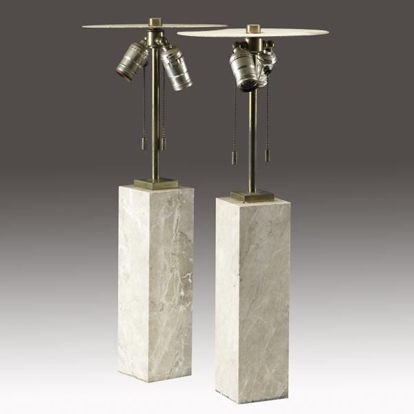 HANSEN: HANSEN; Pair of brass and beige marble table lamps with enameled metal reflectors; Reflectors stamped HANSEN NEW YORK; 22'' x 9''