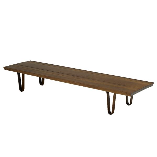 EDWARD WORMLEY; DUNBAR: EDWARD WORMLEY; DUNBAR; Long John walnut table/bench; Brass rectangular label; 12'' x 72'' x 19''