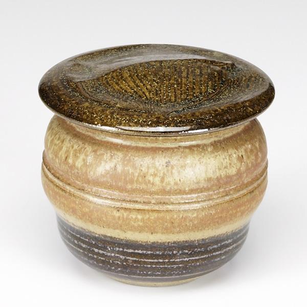 KAREN KARNES: KAREN KARNES; Stoneware lidded vessel with foliate pattern; Inscribed KK; 5 1/4'' x 5 1/2''