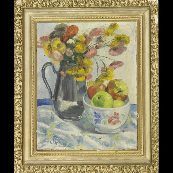 FRENCH 20TH C. ARTWORKS: FRENCH 20TH C. ARTWORKS; Jean Royere (French 1902-1981), pencil on paper drawing of a still life with roses (framed), signed and dated 1935, 12 1/2'' x 9''; Oil on cavas of a still life with fruit and