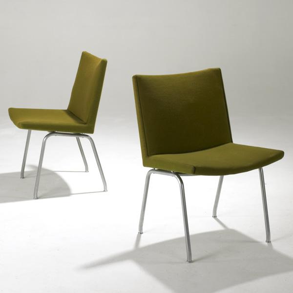 HANS WEGNER; JOHANNES HANSEN: HANS WEGNER; JOHANNES HANSEN; Pair of side chairs with wool upholstery on tubular steel legs; 30'' x 20 1/2'' x 22''