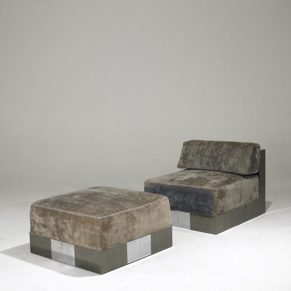 PAUL EVANS: PAUL EVANS; Cityscape lounge chair and ottoman in bronze and bright chrome; Upholstery labels; Chair: 27'' x 30'' x 37''