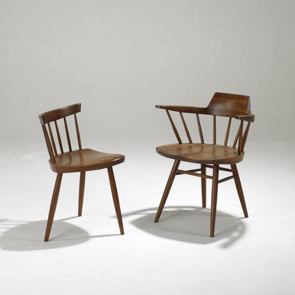 GEORGE NAKASHIMA: GEORGE NAKASHIMA; Captain's chair and Mira side chair, both in cherry; Captain: 28 1/2'' x 24'' x 19''