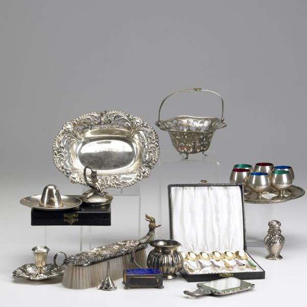 AMERICAN AND FOREIGN SILVER: AMERICAN AND FOREIGN SILVER; Hollow ware and accessories 1890-1960; Pierced bowl by Bailey Banks and Biddle, Shiebler 6'' coaster, six Gorham footed cordials with enameled bowls, Gorham footed match s