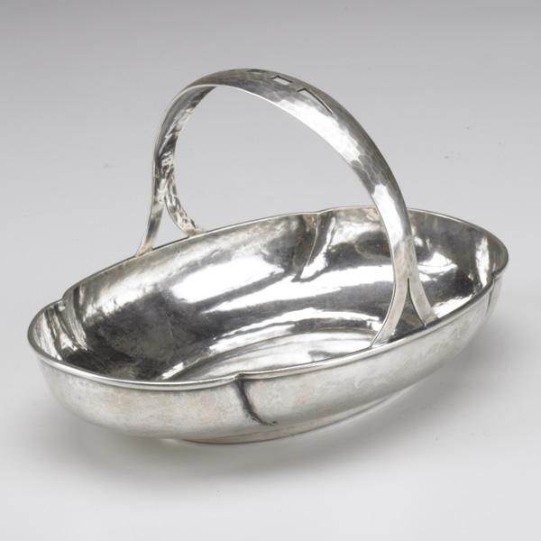 AMERICAN ARTS AND CRAFTS STERILNG SILVER BASKET: AMERICAN ARTS AND CRAFTS STERILNG SILVER BASKET; By Heinrich and Anna Eicher hand hammered with pierced open work handle