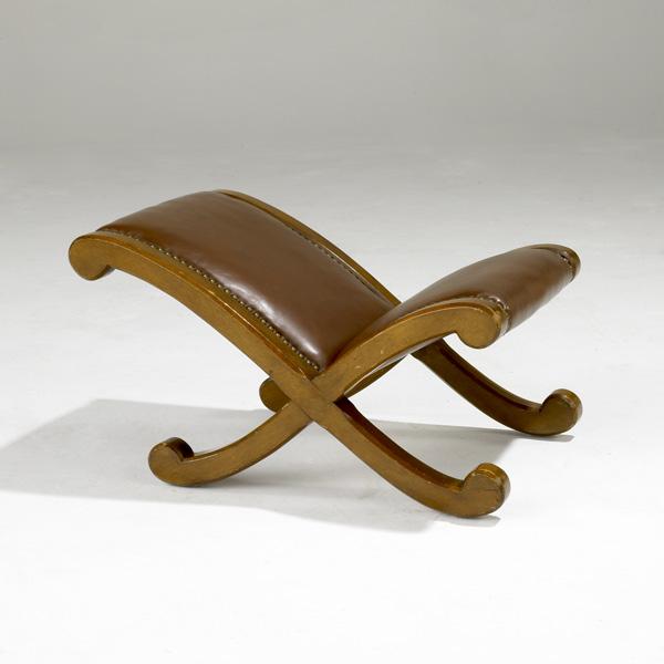 GUSTAV STICKLEY: GUSTAV STICKLEY; Mid-period mahogany footstool #389; Unmarked; 12'' x 14'' x 21''