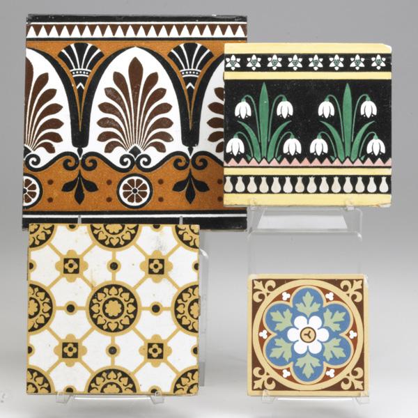 CHRISTOPHER DRESSER (Attr.): CHRISTOPHER DRESSER (Attr.); Eight Minton geometric tiles: two frieze tiles decorated with lotus and papyrus and two snowdrop tiles; Together with six Minton tiles with abstract floral decoration; Eac