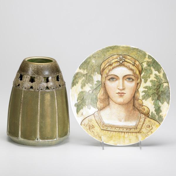 EDOUARD STELLMACHER; TEPLITZ: EDOUARD STELLMACHER; TEPLITZ; Vase with leaf decoration, Stellmacher/Teplitz red stamp; Together with an English painted porcelain plate with exhibition label; Stellmacher: 8 1/2'' x 6''