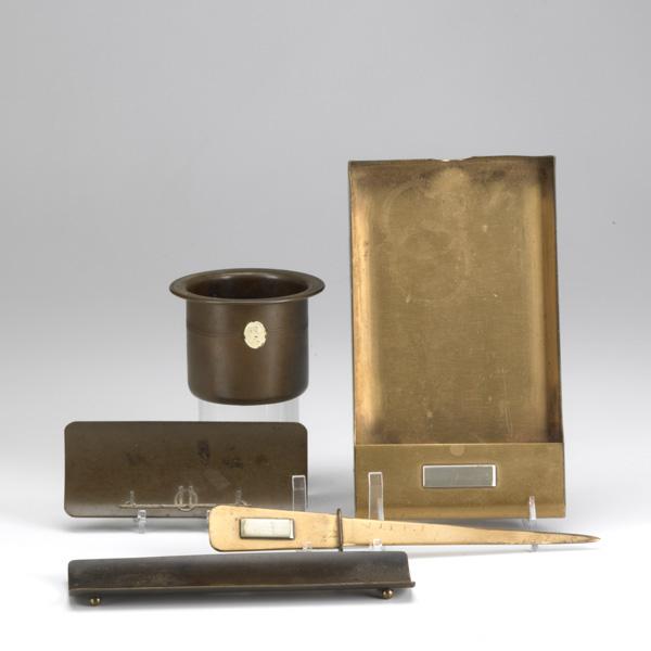 SILVERCREST, ETC.: SILVERCREST, ETC.; Five piece metal group includes memo holder and matching letter holder, Bradley & Hubbard pen tray, sterling on bronze pen tray and a copper coupe; Letter holder marked Silvercrest;