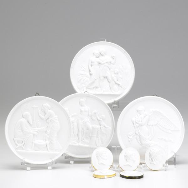 NINE BISQUE PLAQUES: NINE BISQUE PLAQUES; Four Bing and Grondahl ancient historical scenes together with five busts of historical figures; Tallest: 5 3/4''