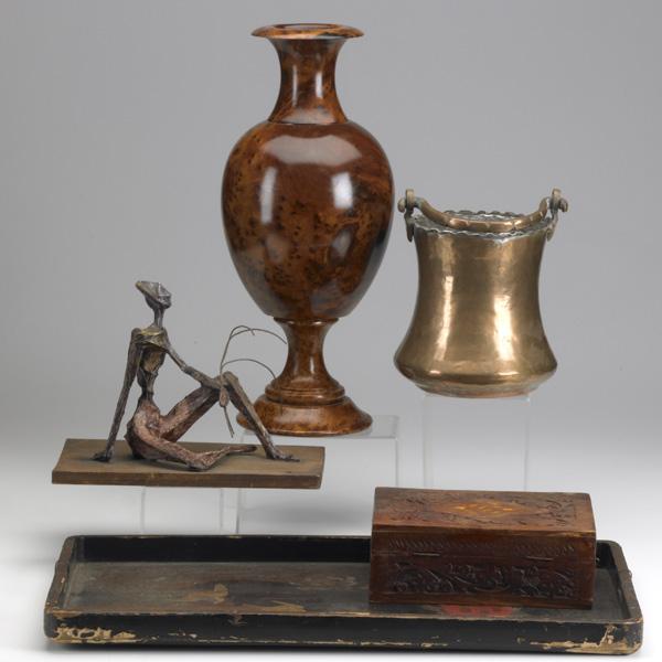 FIVE DECORATIVE OBJECTS: FIVE DECORATIVE OBJECTS; Figural burlwood baluster form vase, chinoiserie laquered wood tray with gold leaf floral and bird design, mixed media sculpture of a seated person, brass handled kettle and c