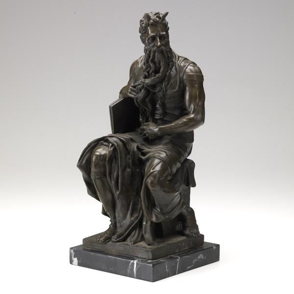 AFTER MICHELANGELO: AFTER MICHELANGELO; Later bronze casting of Michelangelo's Moses on black marble base after the original at St. Peter's Basilica in Rome; 18'' x 7 1/2'' x 7 1/2?