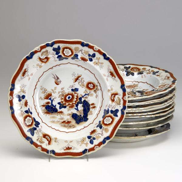 ENGLISH MASON'S IRONSTONE: ENGLISH MASON'S IRONSTONE; Ten pieces include eight Imari pattern 10'' bowls and two 10'' polychromatic Canton style bowls, all 19th c.