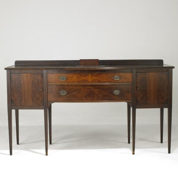 PHOENIX: PHOENIX; Georgian style sideboard with string inlay and burl veneer; Robert Irwin Co. tag; 40 1/2'' x 72'' x 24''