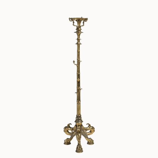 FRENCH DORE BRONZE CANDLE STAND: FRENCH DORE BRONZE CANDLE STAND; Neoclassical motif with palmettes, 19th/20th c.; F. Barbedienne foundry mark; 54'' x 14'' x 14''