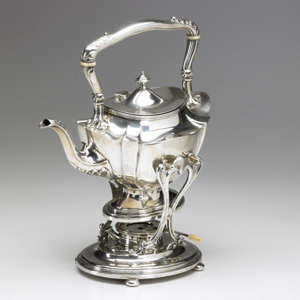 GORHAM: GORHAM; Silver kettle on stand with burner, 1907; Ivory knob and insulators; 59 OT; 13 1/2'' x 11''