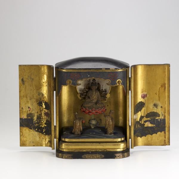 PRIVATE BUDDHIST SHRINE: PRIVATE BUDDHIST SHRINE; Lacquered and enameled Buddha on lotus with attendants; 8 1/2'' x 5'' x 11''